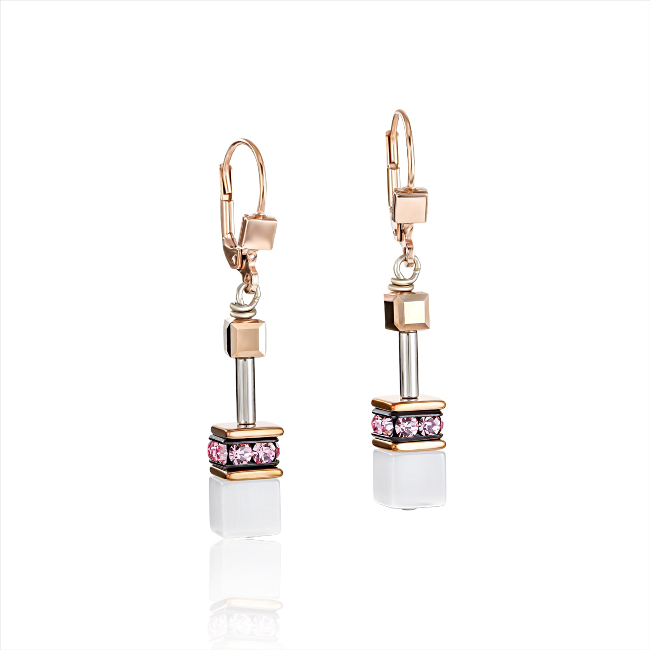 ROSE/WHITE/SILVER GEO CUBE & SYN TIGERS EYE EARRIINGS