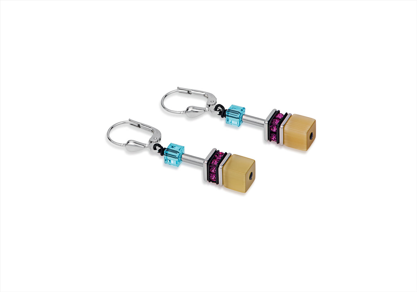 YELLOW SYN TIGER'S EYE W/ PINK/BLUE CRYSTAL EARRINGS