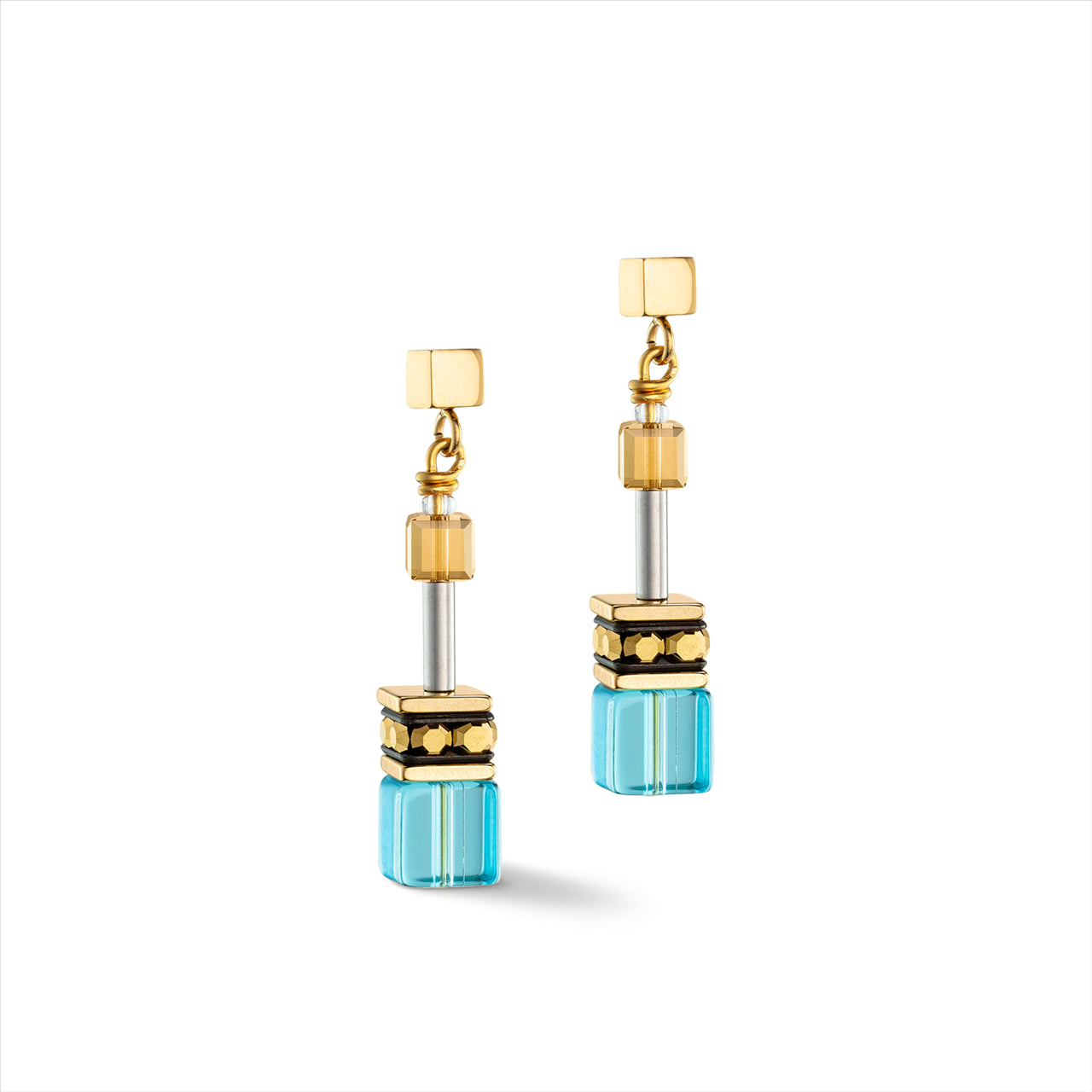 TURQUOISE GEO CUBE/SYN TIGER'S EYE CRYSTAL EARRINGS