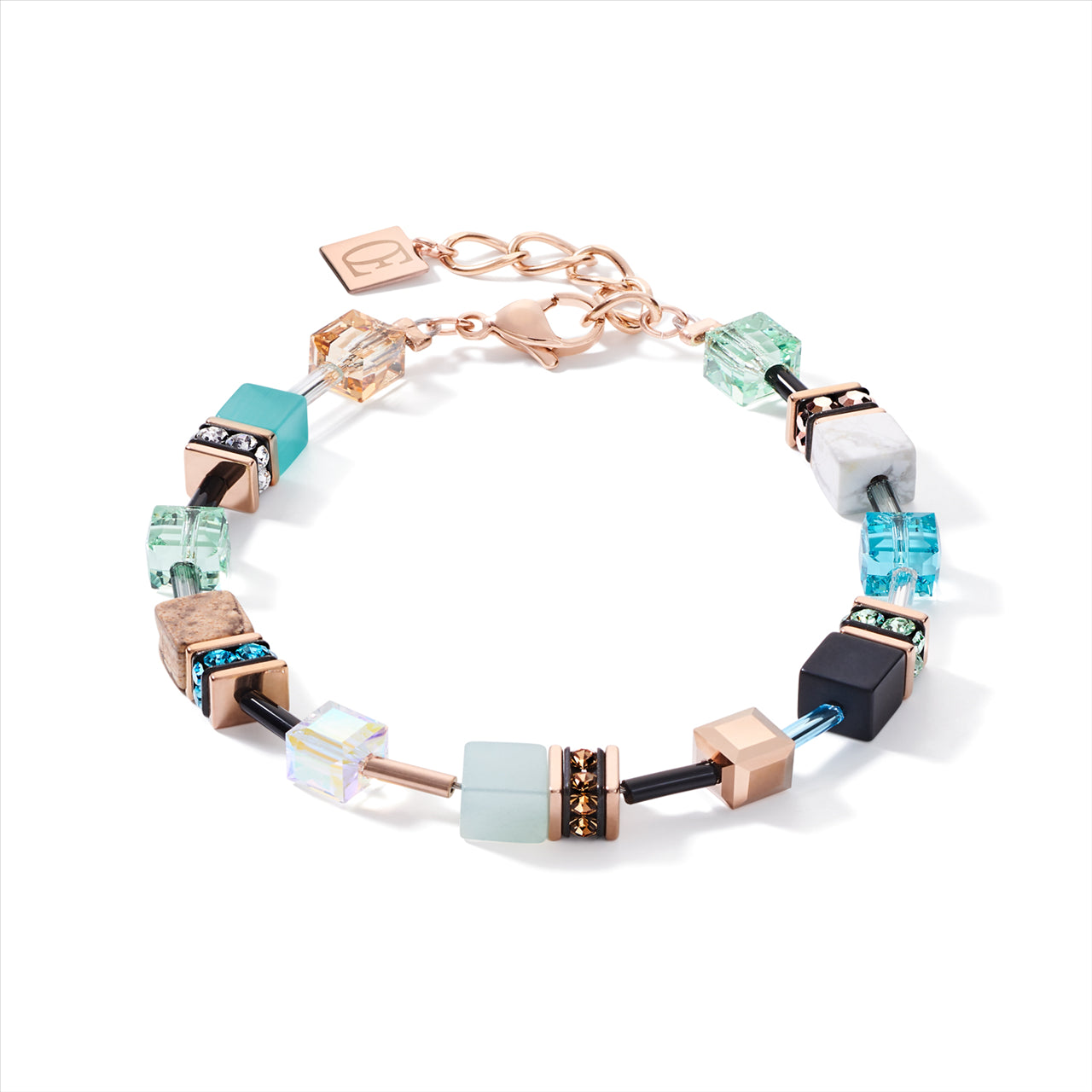 AQUA/BEIGE GEO CUBE, HOWLITE/AMAZONITE, JASPER & CRYSTAL BRACELET