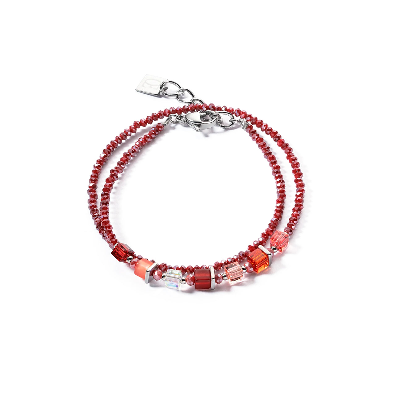 RED SMALL GEO CUBE & CRYSTAL DOUBLE BRACELET