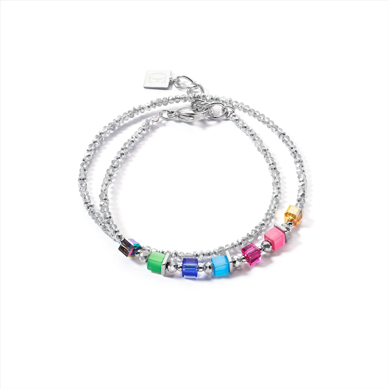 MULTI COLOURED SMALL GEO CUBE & CRYSTAL DOUBLE BRACELET