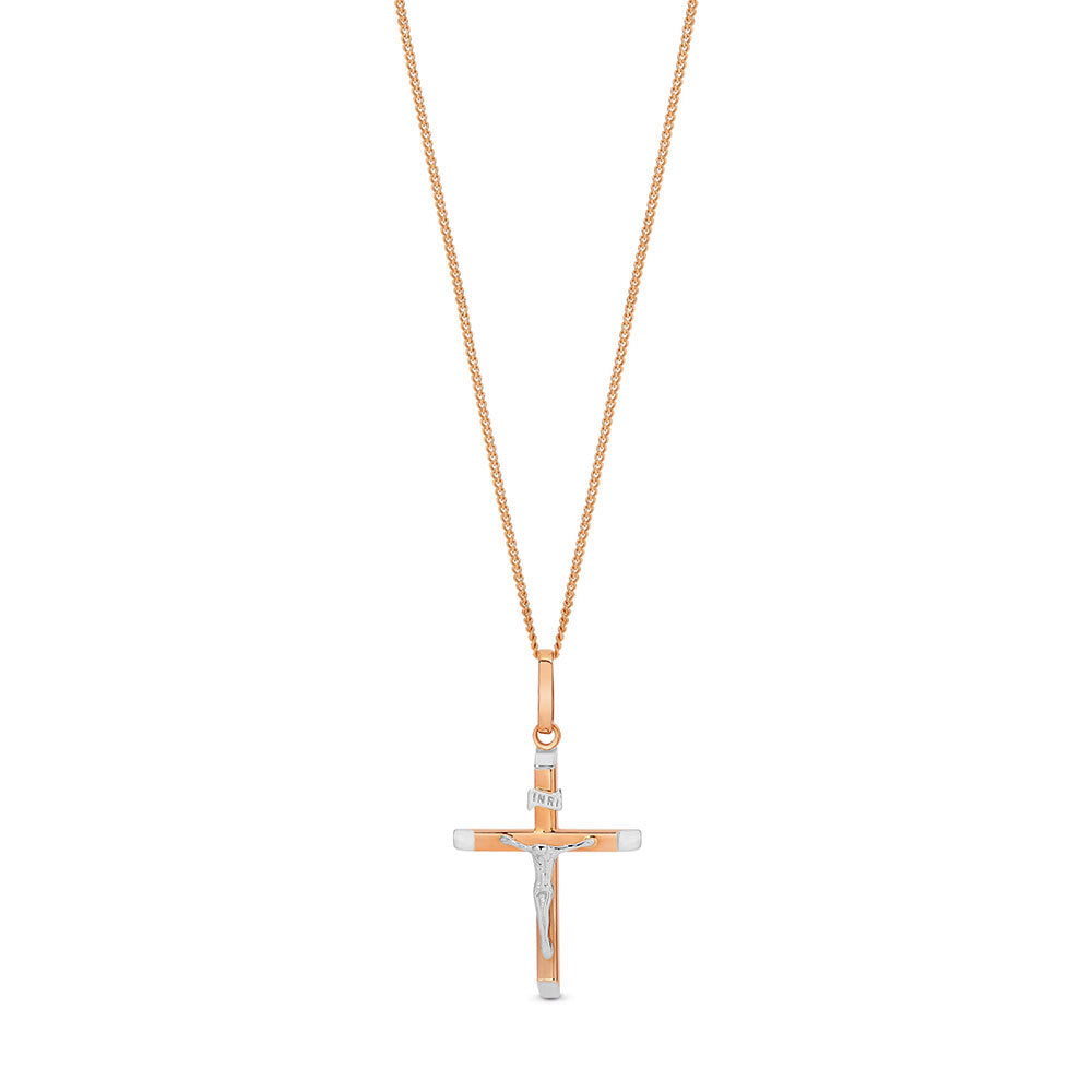 9k Rose Gold and Rhodium Plated Crucifx pendant on gold plated chain