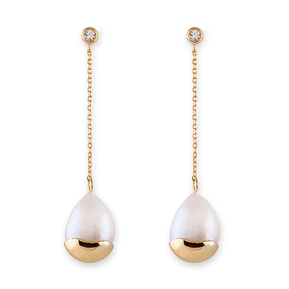 GOLD PLATED STERLING SILVER CHAIN EARRINGS WITH LARGE FRESHWATER PEARL WITH CAP & CUBIC ZIRCONIA