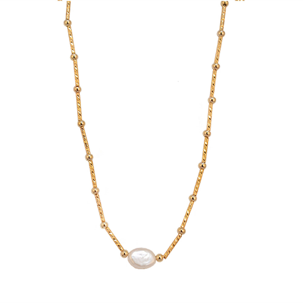 GOLD PLATED STERLING SILVER BEADED NECKLACE WITH ONE FRESHWATER PEARL IN THE CENTRE