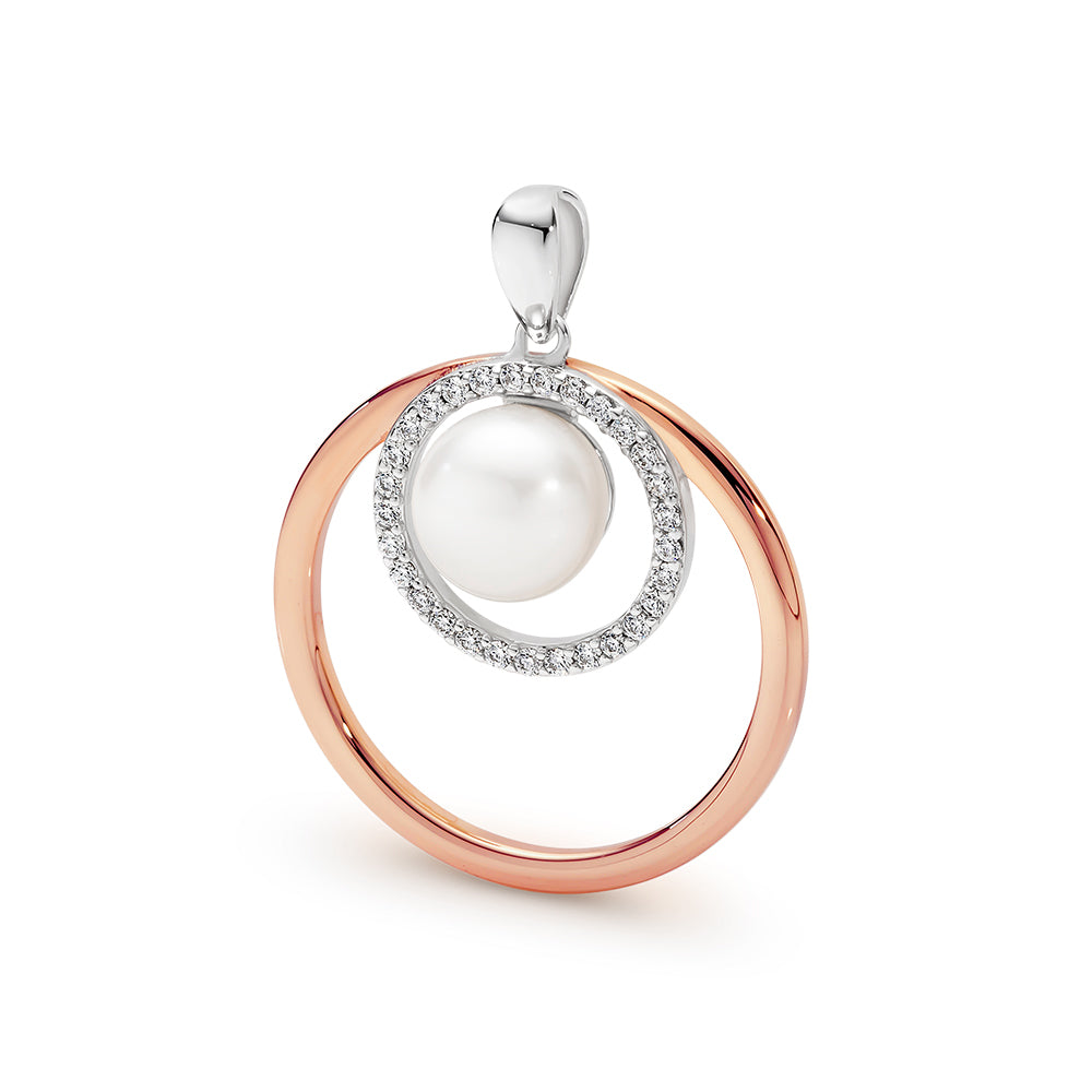 Sterling Silver Freshwater Pearl CZ Rose Gold Plated Pendant