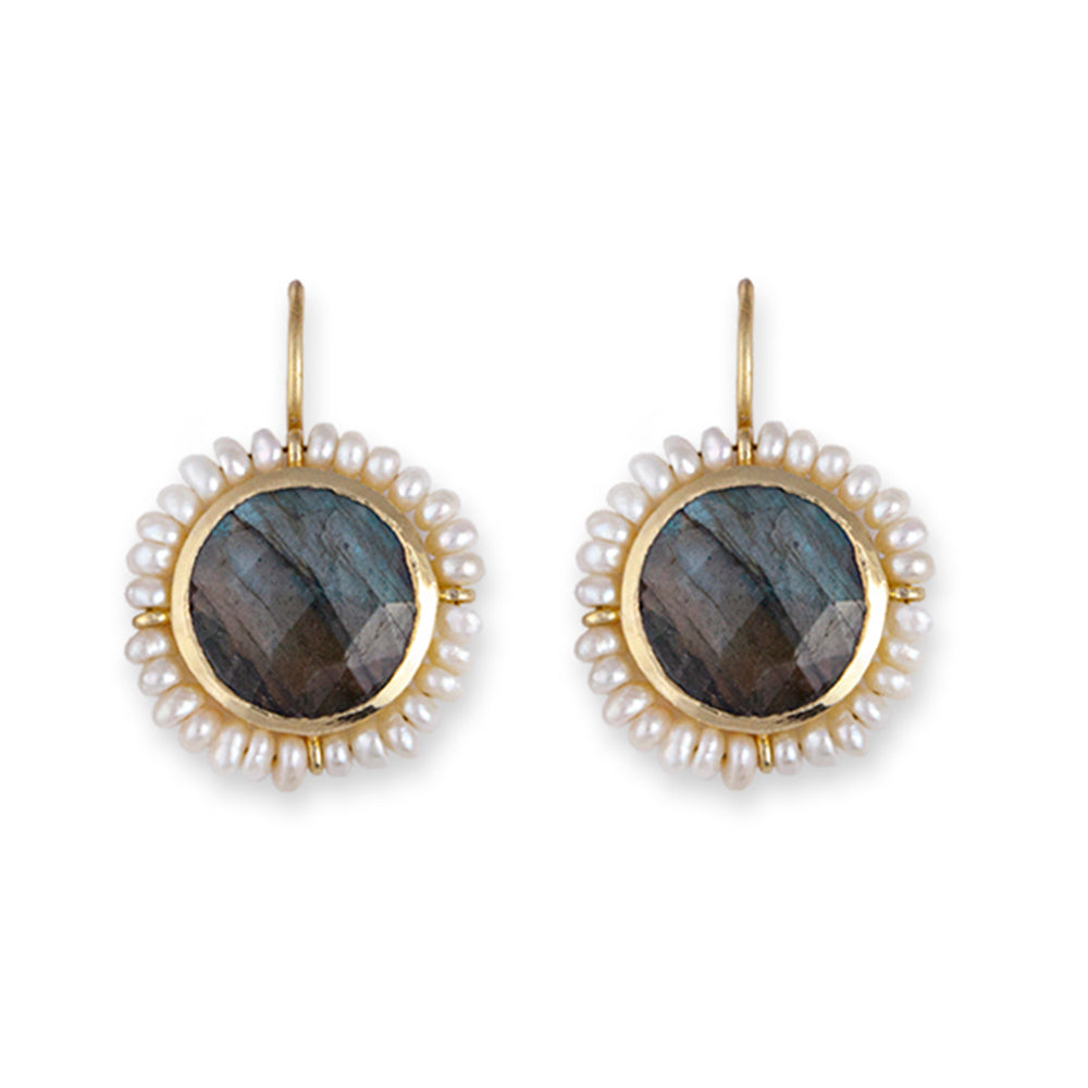 GOLD PLATED STERLING SILVER EARRINGS WITH LABRADORITE SURROUNDED BY SMALL FRESHWATER PEARLS